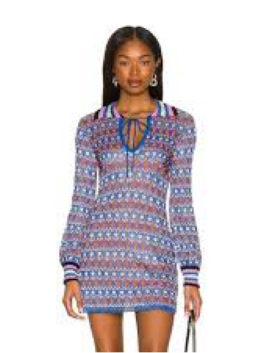 Free People Milano mini dress. Blue Multi-Pattern Long Sleeve Shift Dress